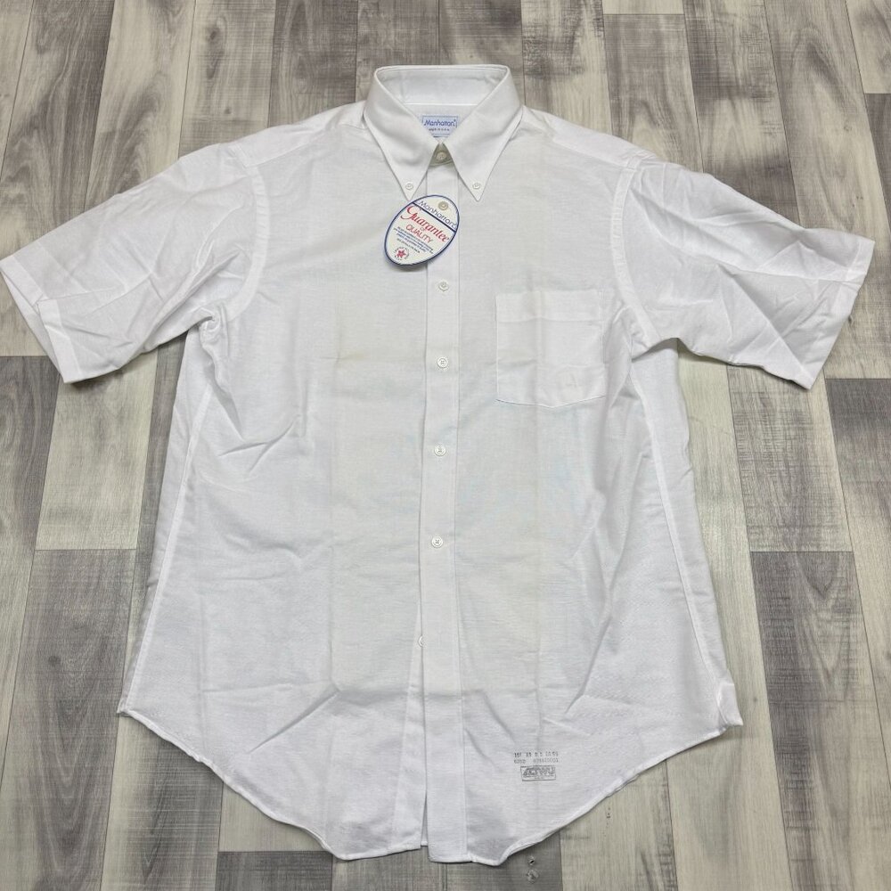 ✅Mens 15 1/2 Manhattan White Short Sleeve Button-Down Shirt  Made In USA Vintage